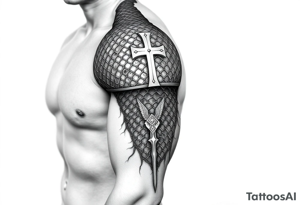 Chainmail armor from bottom of neck to  below elbow with a cross on shoulder tattoo idea
