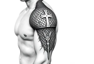 Chainmail armor from bottom of neck to  below elbow with a cross on shoulder tattoo idea