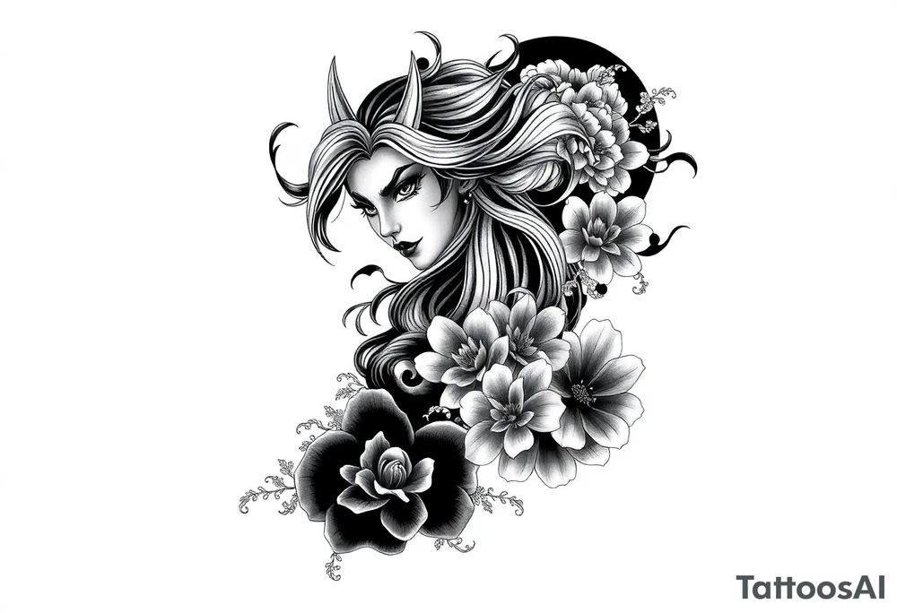 Full sleeve tattoo design for a male arm, wrapping from shoulder to wrist.  featuring a beautiful female oni (demon woman) with an elegant, mysterious expression, one hand partially covering her face, long flowing hair integrated into bold wind bars and wave patterns, large chrysanthemums and peonies weaving through the composition. Strong negative space with large black fills, bold flowing shapes, and smooth grey shading. Traditional Japanese cloud and water motifs in the background, balanced composition with the oni face as the main focal point on the upper arm, seamless flow down the arm to the wrist. High contrast black and grey, crisp linework, dynamic and dramatic. tattoo idea