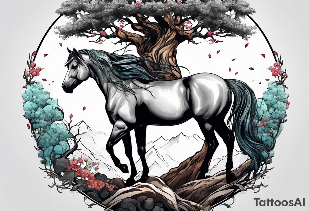 Realistic Horse and Yggdrasil tree tattoo idea