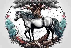 Realistic Horse and Yggdrasil tree tattoo idea