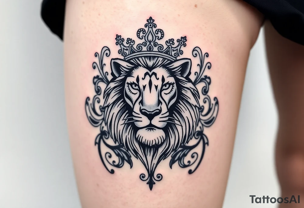 majestic lion wearing ornate crown, surrounded by baroque flourishes tattoo idea