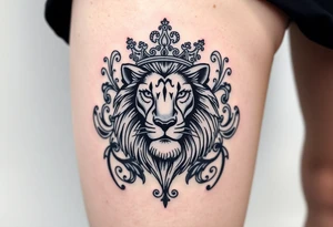 majestic lion wearing ornate crown, surrounded by baroque flourishes tattoo idea