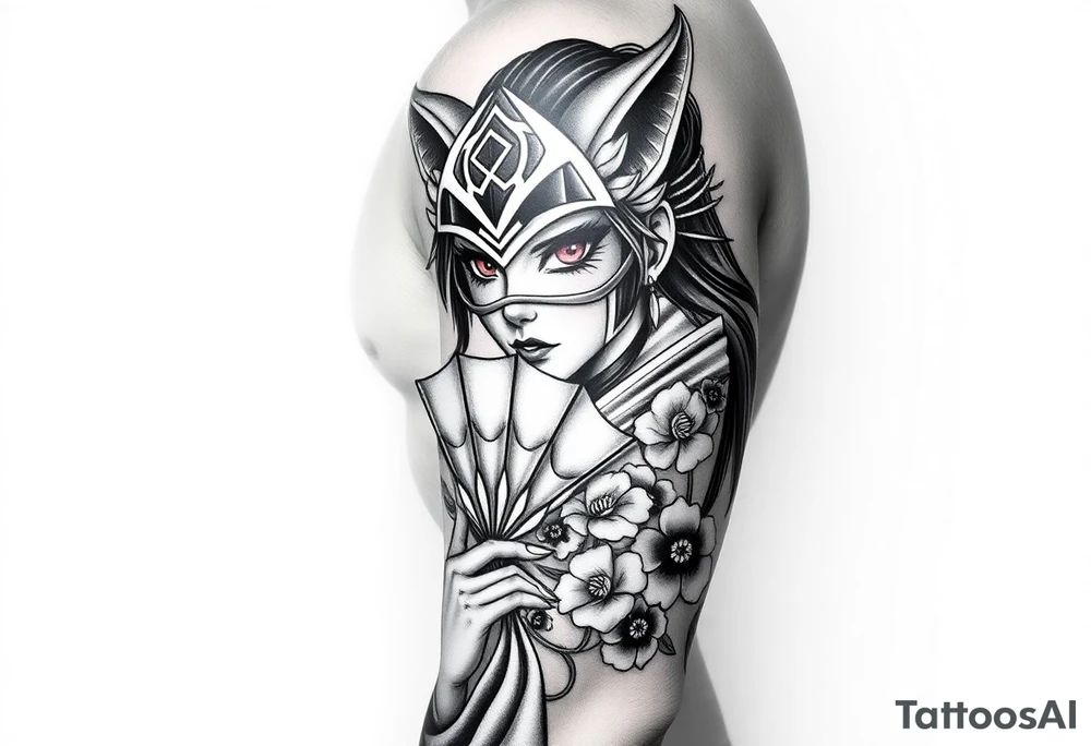 japanese samurai woman with red eyes wearing a kitsune half-mask and holding a fan with irises flowers ornement tattoo idea