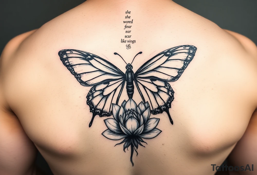 butterfly with cracked wings and lotus flower with quote that says “she wore her scars like wings” all down spine but very elegant towards lower back tattoo idea