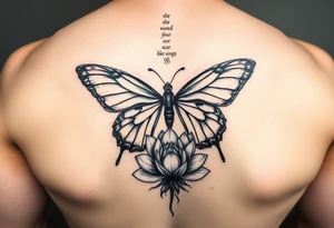 butterfly with cracked wings and lotus flower with quote that says “she wore her scars like wings” all down spine but very elegant towards lower back tattoo idea