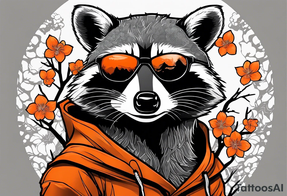 Raccoon wearing a white Superman logo on a black hoodie and orange Japanese cherry blossoms beside tattoo idea