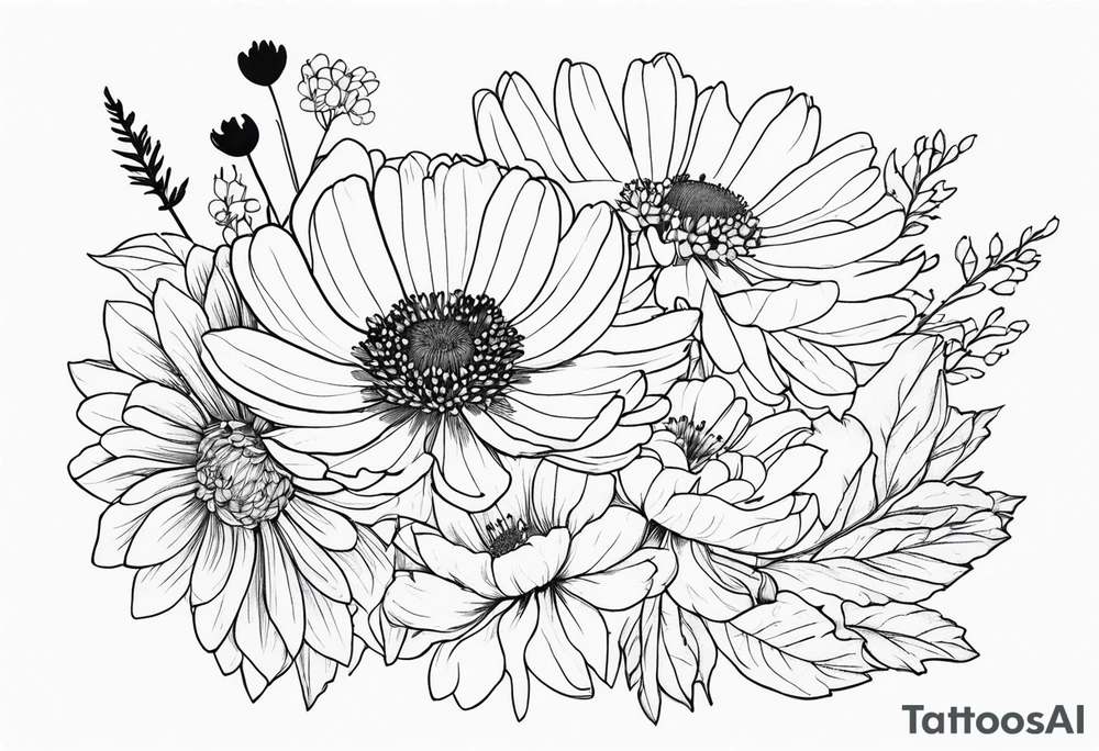 Chrysanthemum with wildflowers, poppy, complimentary flowers tattoo idea