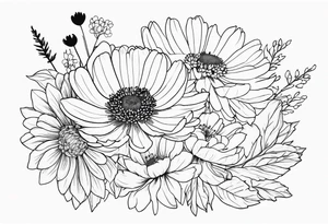 Chrysanthemum with wildflowers, poppy, complimentary flowers tattoo idea