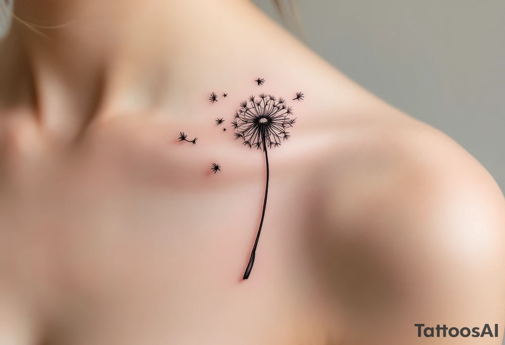 Fine-line dandelion in charcoal gray, with a few faint seeds blowing into pale rose petals. tattoo idea