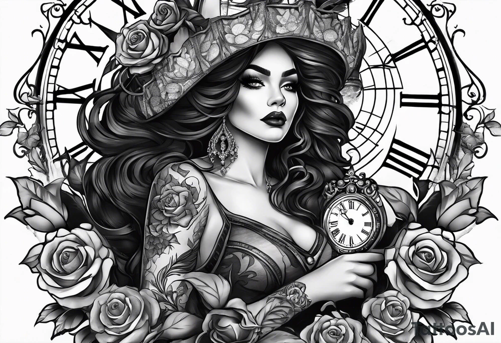 A feminine arm sleeve with a black witchy woman with smoky eyes, a granddaddy clock with roses and a lion queen tattoo idea