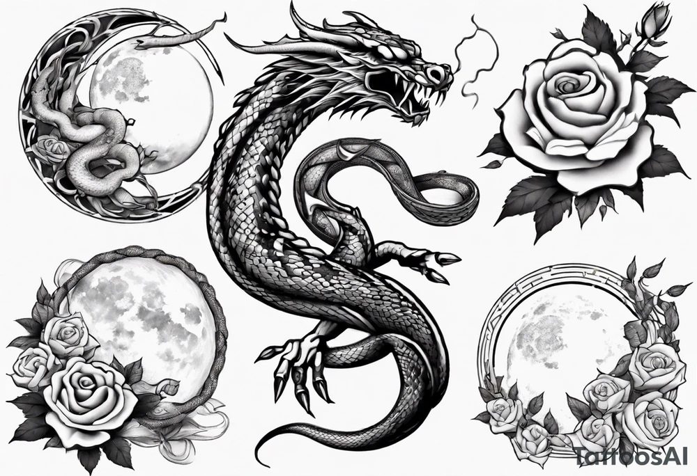 snake Japanese dragon playing with moon and roses tattoo idea