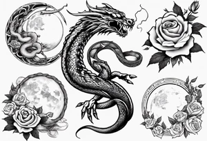 snake Japanese dragon playing with moon and roses tattoo idea