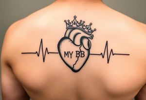 a heartbeat line with an anatomically correct heart with a crown tilted to the left ending the words "MY BB tattoo idea