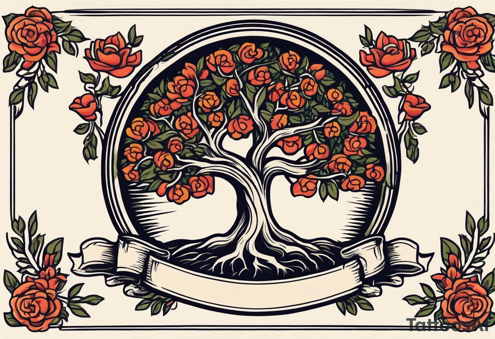 tree with roots 
and banner across

old school vintage simple traditional design with vintage flowers surrounding
bold color simple tattoo idea