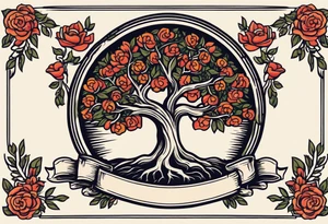 tree with roots 
and banner across

old school vintage simple traditional design with vintage flowers surrounding
bold color simple tattoo idea