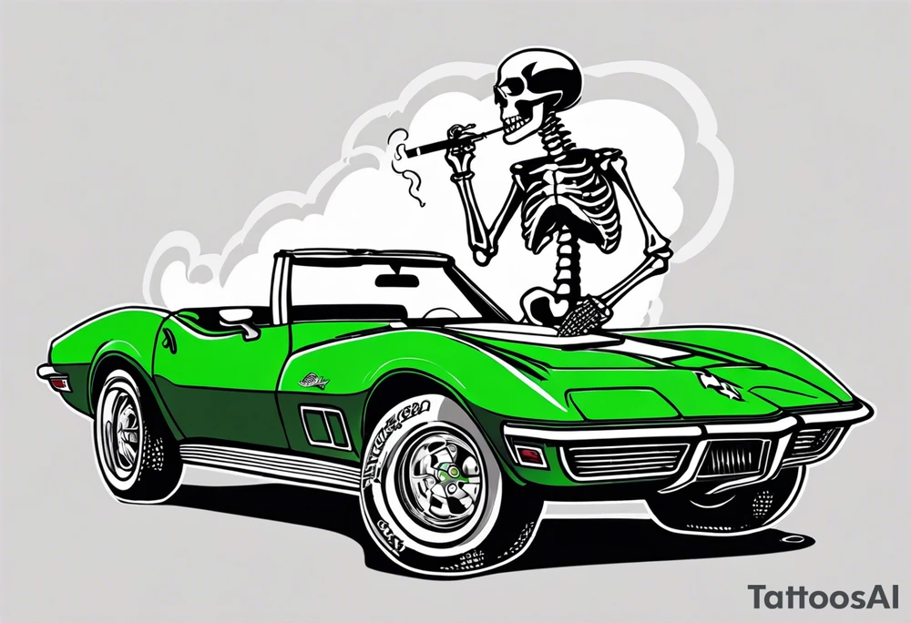 Skeleton smoking a cigarette driving a green 1976 convertible Corvette tattoo idea Skeleton smoking a cigarette driving a green 1976 convertible Corvette tattoo idea