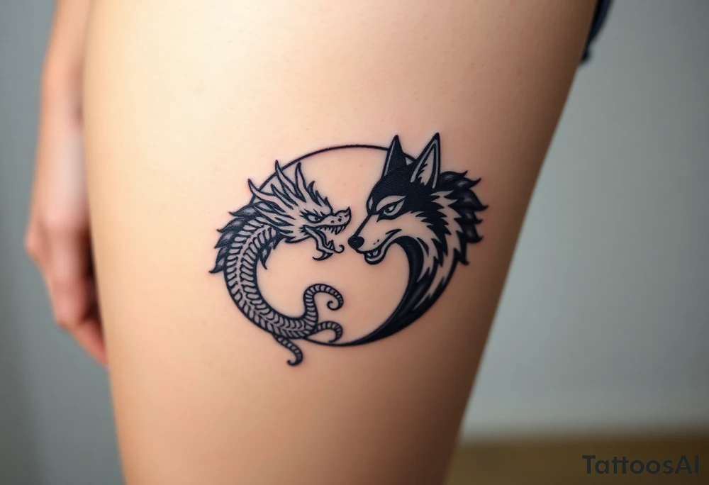Ying yang symbol with one side a dragon and one side a wolf tattoo idea