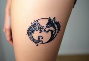 Ying yang symbol with one side a dragon and one side a wolf tattoo idea