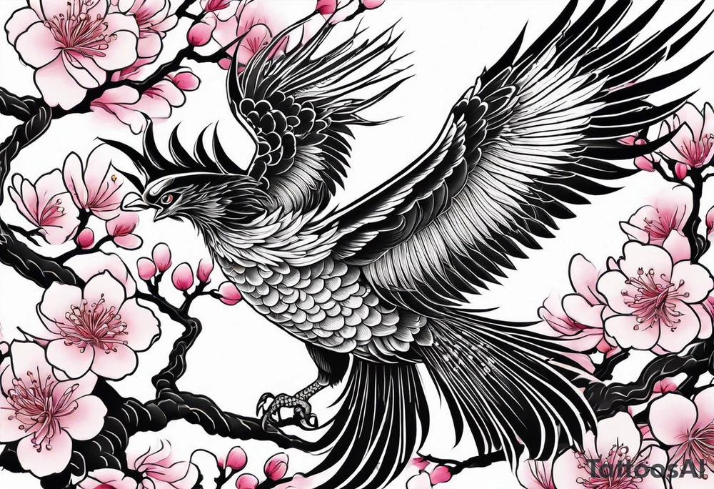 traditional Japanese phoenix and pink cherry blossoms blank background tattoo idea