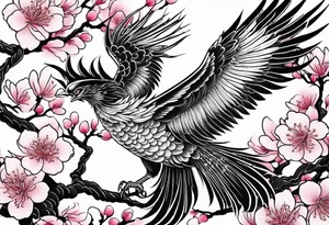 traditional Japanese phoenix and pink cherry blossoms blank background tattoo idea