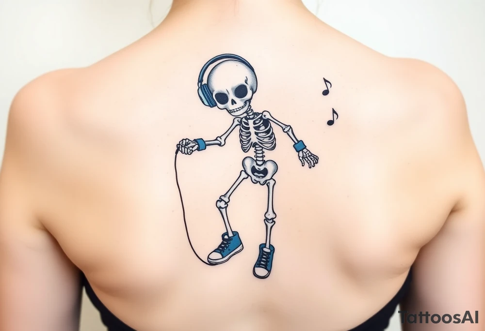 Cute skeleton jumping on a jump rope with blue headphone and blue tennis shoes and blue armbands with music notes tattoo idea