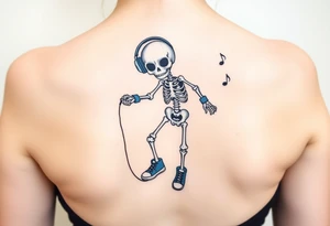 Cute skeleton jumping on a jump rope with blue headphone and blue tennis shoes and blue armbands with music notes tattoo idea