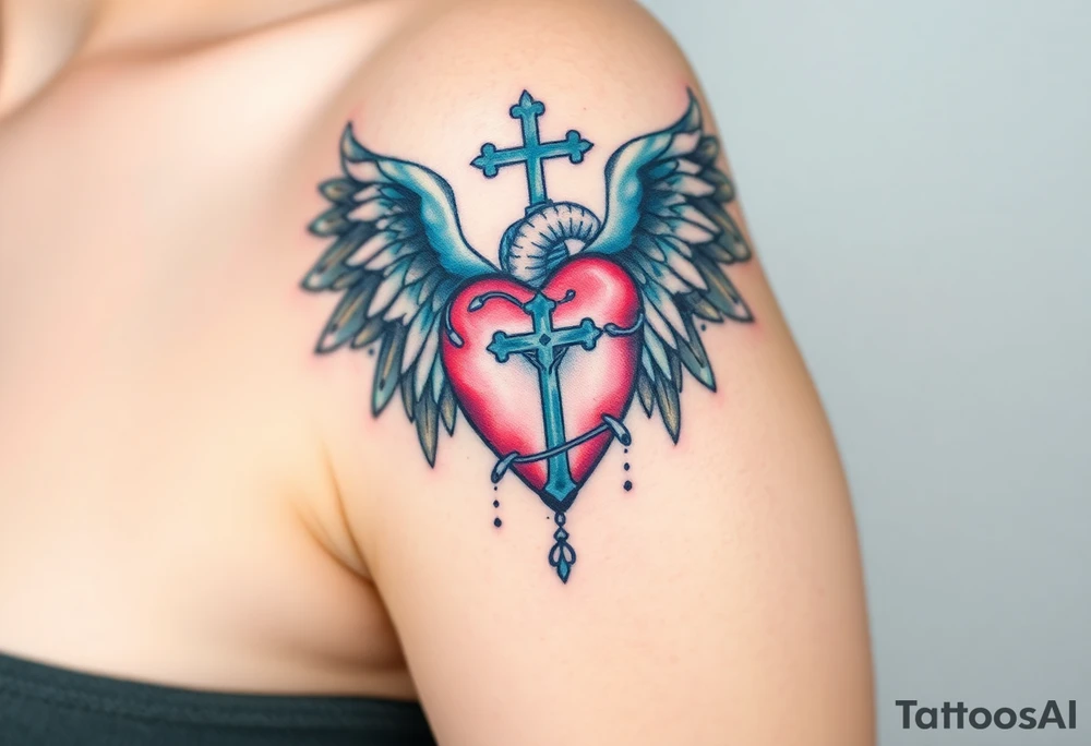 catholic sacred heart with wings and serpent cross tattoo idea