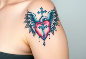 catholic sacred heart with wings and serpent cross tattoo idea