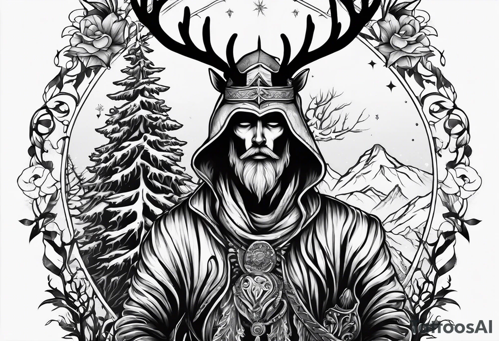 Hooded figure riding on a reindeer skeleton tattoo idea Hooded figure riding on a reindeer skeleton tattoo idea