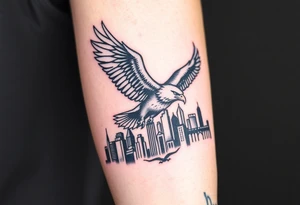 Philadelphia Eagle flying over Philadelphia city skyline faded with a Go Birds under it on arm tattoo idea