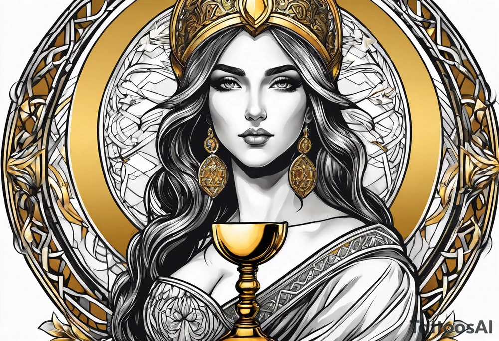 woman saint holding chalice surrounded by golden halo sideways tattoo idea