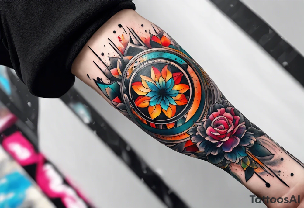 flow abstract large forearm tattoo with lines, splatters, circles tattoo idea