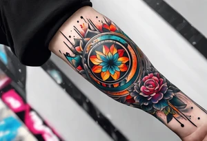 flow abstract large forearm tattoo with lines, splatters, circles tattoo idea