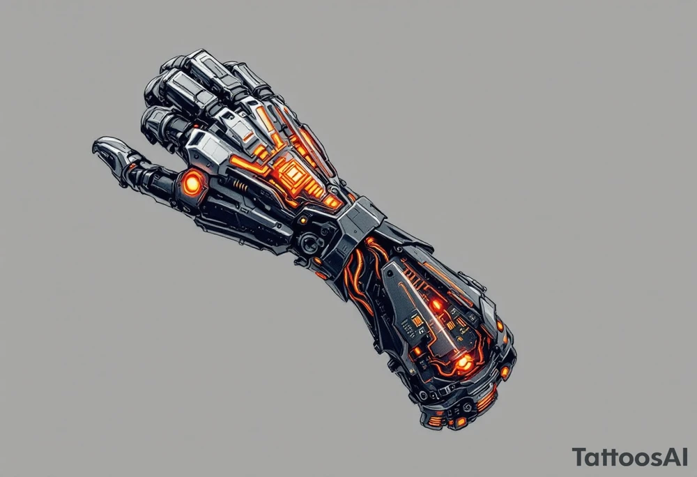 A high-tech cybernetic arm with transparent panels revealing glowing orange hydraulic lines and microchips embedded in titanium bones. tattoo idea