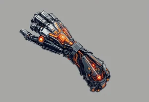 A high-tech cybernetic arm with transparent panels revealing glowing orange hydraulic lines and microchips embedded in titanium bones. tattoo idea