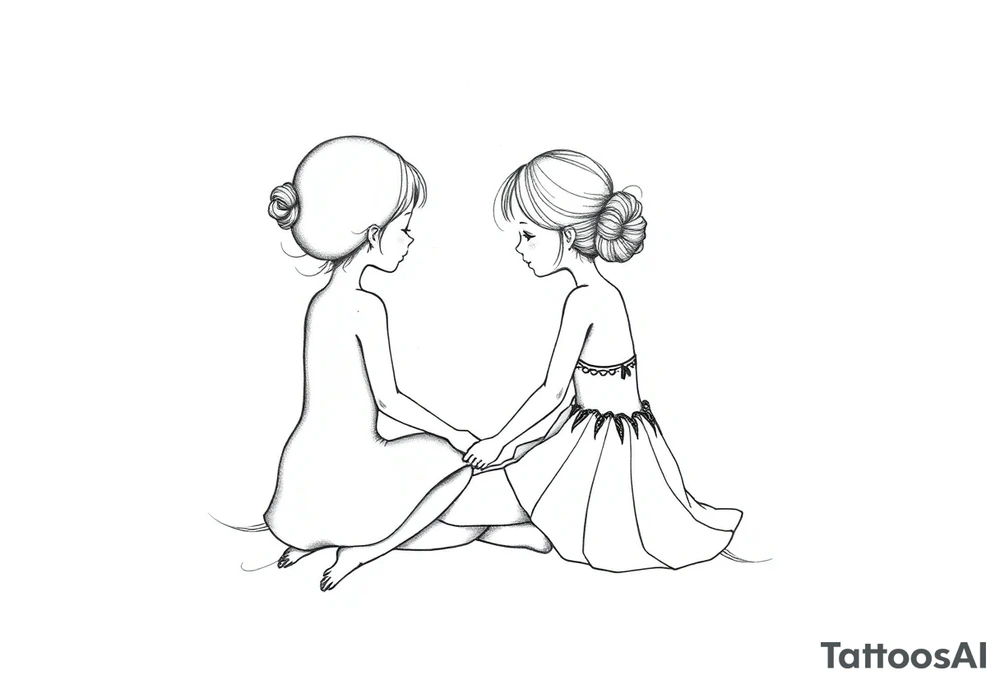 Zwei kleine mädchen sitzen sich gegenüber eine hat einen Dutt die andere einen Zopf und sie berühren sich an den Fußsohlen tattoo idea