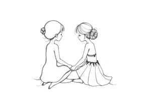 Zwei kleine mädchen sitzen sich gegenüber eine hat einen Dutt die andere einen Zopf und sie berühren sich an den Fußsohlen tattoo idea