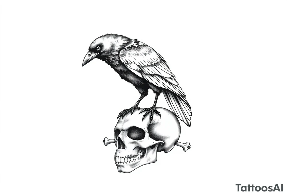 a raven stands on a skull,bones. tattoo idea