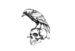 a raven stands on a skull,bones. tattoo idea