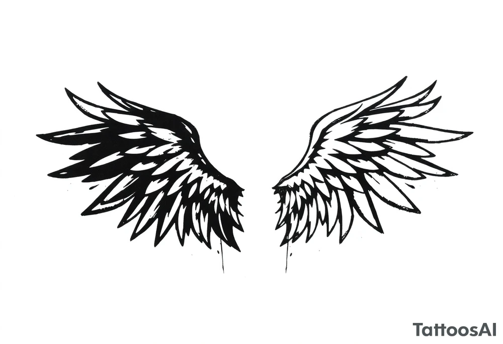 the wings go up

This tattoo design features a pair symmetrical angel wings drawn in black ink with a rough, sketch-like style. The left wing is darker, more defined, and appears denser, while the right wing is lighter, more delicate, and fragmented, creating a contrast between the two. The feathers are sharp and irregular, with fine lines and stray strokes extending outward, adding a raw and artistic feel. The overall look is dynamic and slightly chaotic, giving the impression of movement or an unfinished, ethereal form. This design symbolizes duality, freedom, transformation, or even struggle, making it a meaningful and visually striking tattoo. tattoo idea