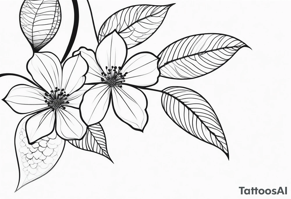 Design an ornamental tattoo featuring a single stem with delicate leaves and blossoms, using thin lines for a refined look. tattoo idea