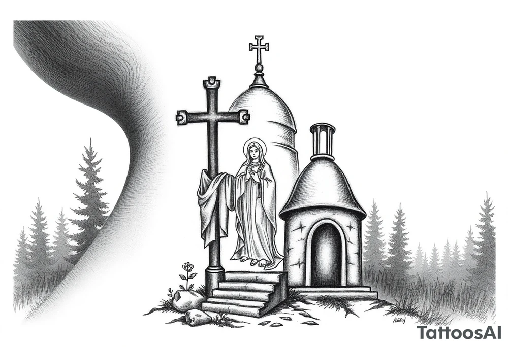 russian design  traditional christian orthodox cross with a virgin mary stood beside the entrance of a russian orthodox dome church on the side of the neck in a wilderness setting tattoo idea