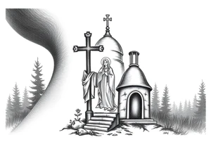 russian design  traditional christian orthodox cross with a virgin mary stood beside the entrance of a russian orthodox dome church on the side of the neck in a wilderness setting tattoo idea