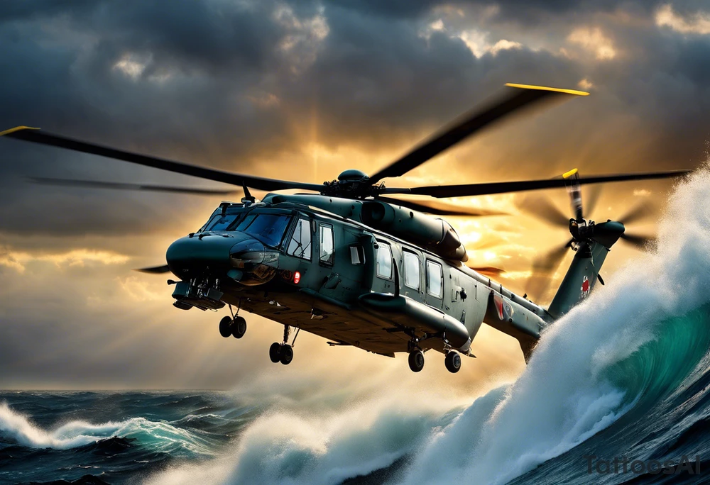 A cinematic-style tattoo depicting a Canadian military CH-148 Cyclone helicopter performing a daring maneuver over a turbulent ocean. The sky should be filled with dramatic clouds, and the sun should be setting, casting long shadows. The helicopter should be the main focus, with intricate details and a sense of motion. In the background, a poppy should be prominently displayed, and a quote from 'Lest We Forget' should be included, black and white tattoo idea