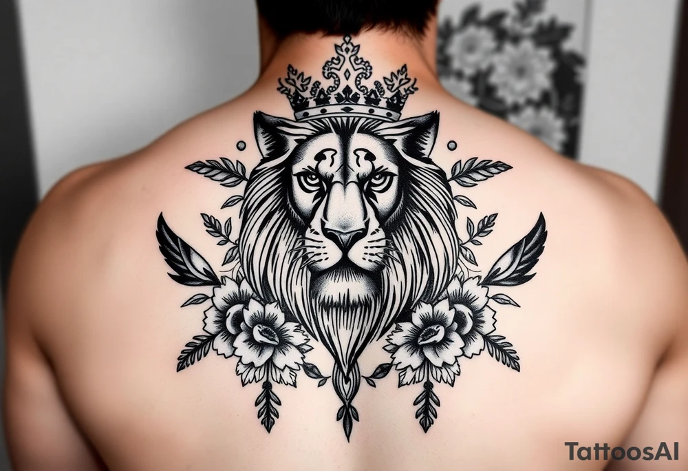 powerful majestic lion with a crown, surrounded by floral ornaments and birds tattoo idea