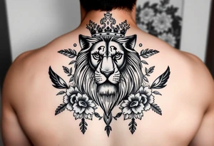 powerful majestic lion with a crown, surrounded by floral ornaments and birds tattoo idea