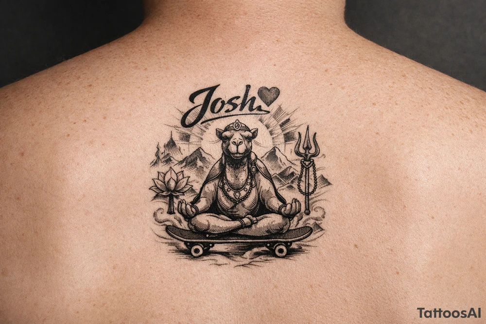 The name, Josh🩵, a Hindu camel skateboarding calmness tattoo idea