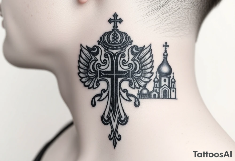 russian coat arms in a russian christian orthodox cross with the cross in the middle with a virgin mary & orthodox dome church on the side of the neck tattoo idea