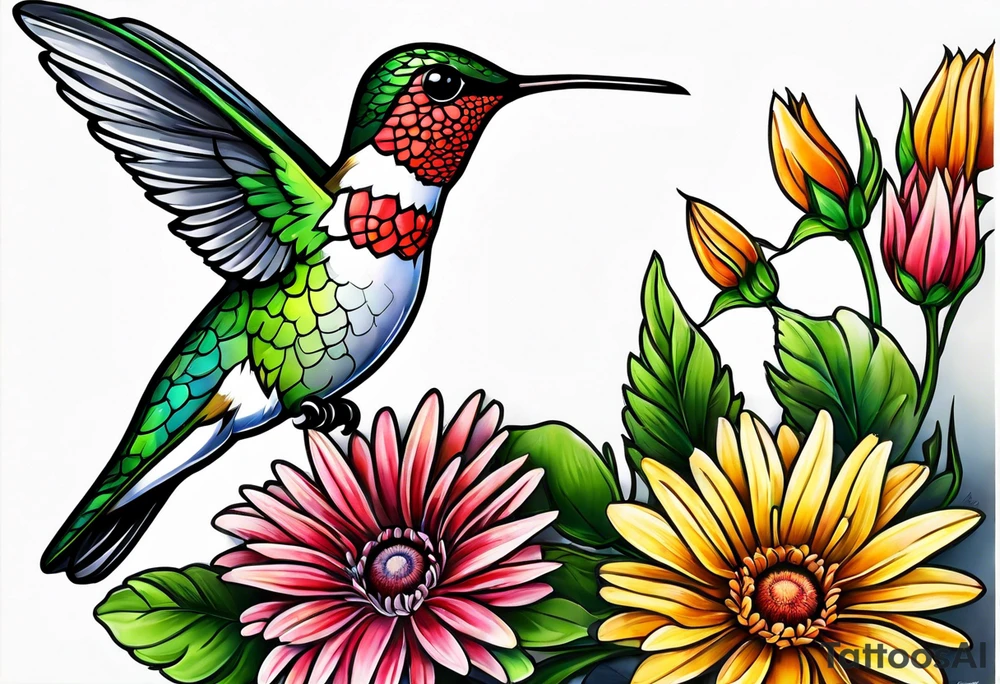 Hummingbird gerber daisy tattoo idea